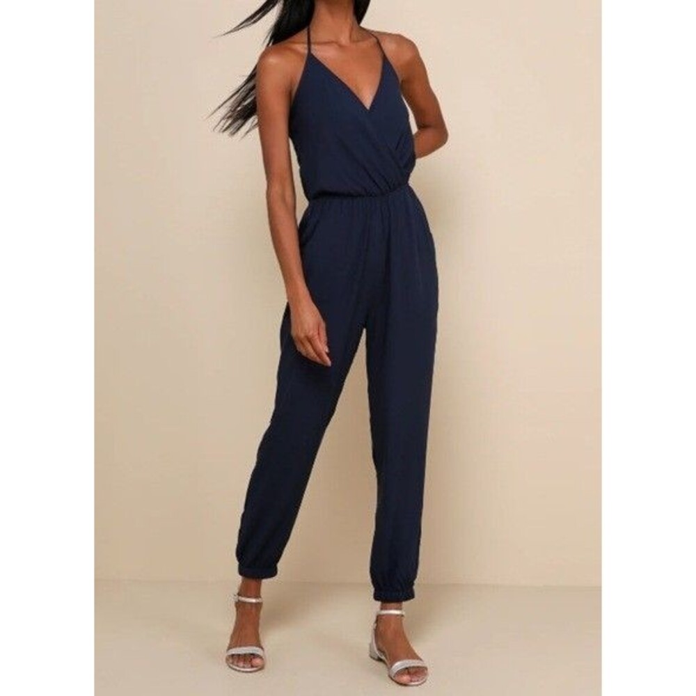 Lulus NWT Navy Blue Learning To Fly Halter Wrap Front Ankle Jumpsuit Small
